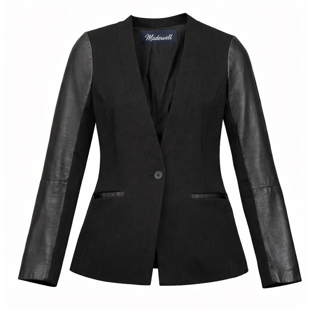 Madewell Black Mixed Media Blazer w/ Leather Sleeves - Size Small